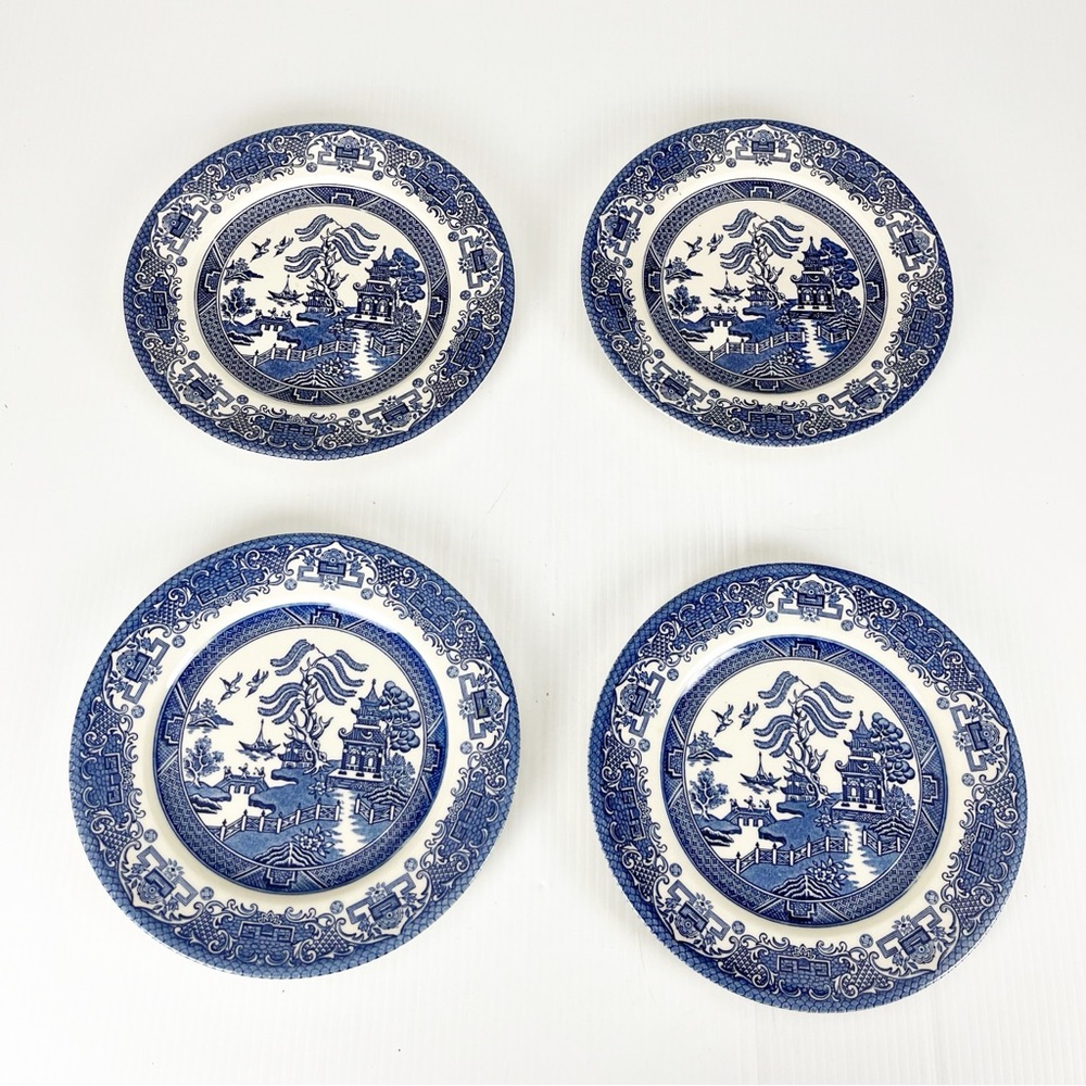 Set of 4 Blue Willow Ironstone England China Saucer Plate 10 Inch
